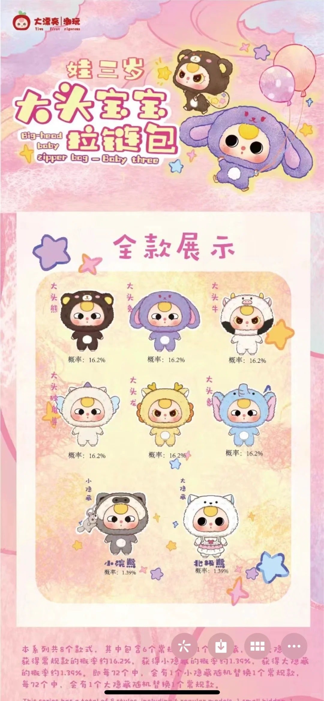 Baby Three Big Head Baby Zipper Bag Plush Dolls Blind Box